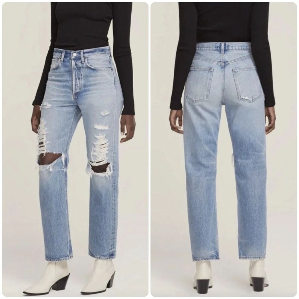 AGOLDE 90's Mid Rise Loose Fit Straight Leg Distressed Jeans in Major Size 24